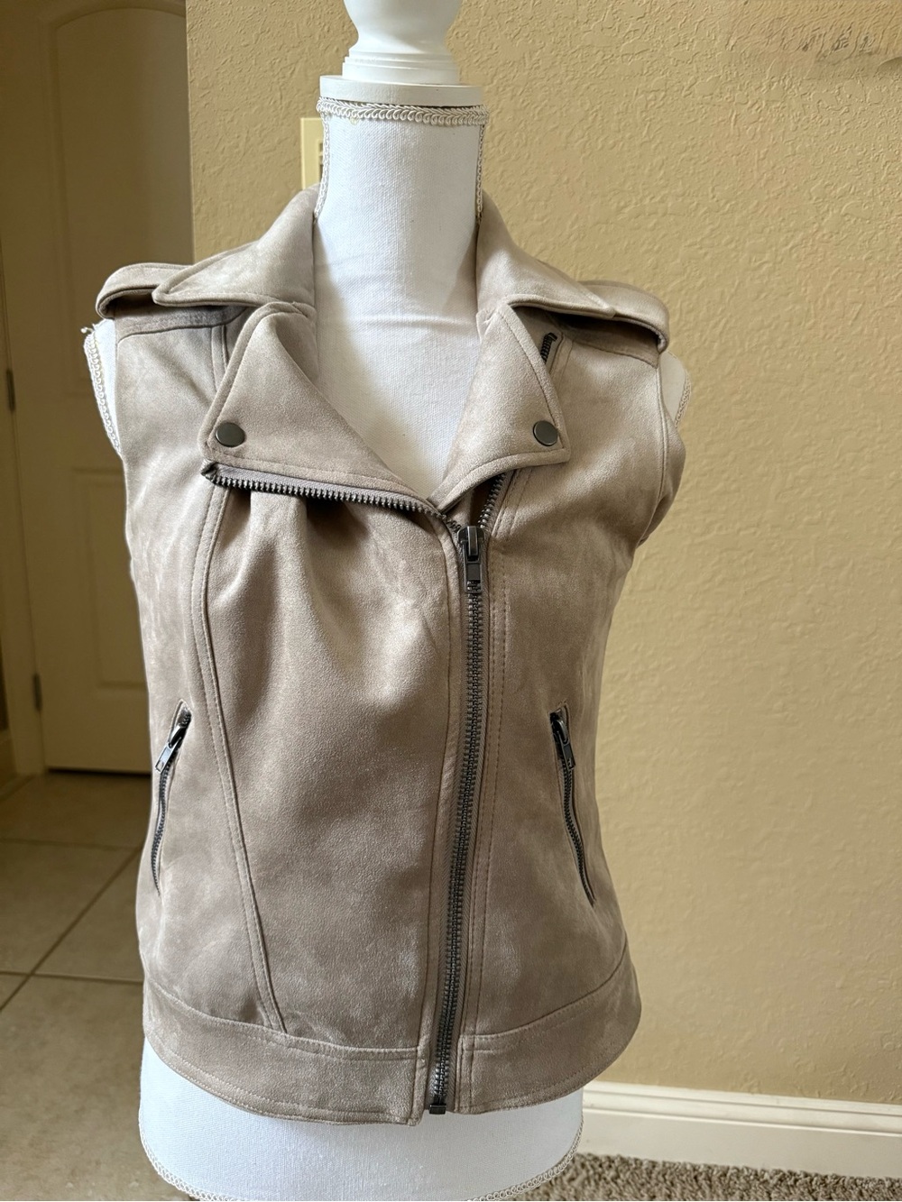 Tan Faux Suede Asymmetrical Moto Vest - Taupe